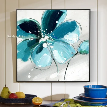 

High qualitly Hand painted Large Light Blue Color Flower Oil Painting On Canvas Abstract Flower Picture For Living Room bedroom