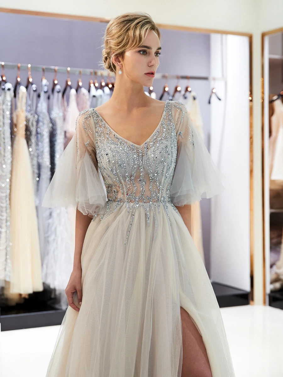 Gray Crystal Prom Dresses Beading Bodice Short Sleeves Walk Beside You Illusion Tulle A-line Vestidos Bestidos De Fiesta Largos