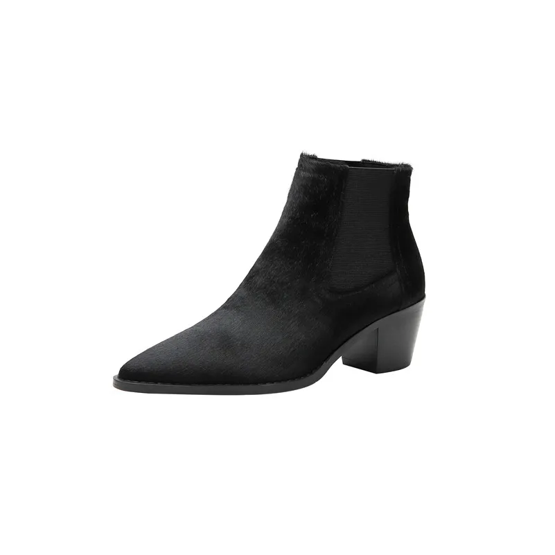 Meotina/зимние ботинки «Челси»; женские ботильоны из конского волоса на не сужающемся книзу высоком массивном каблуке; разноцветные ботинки с острым носком; Женская Осенняя обувь; размеры 34-39 - Цвет: Black Synthetic Lini