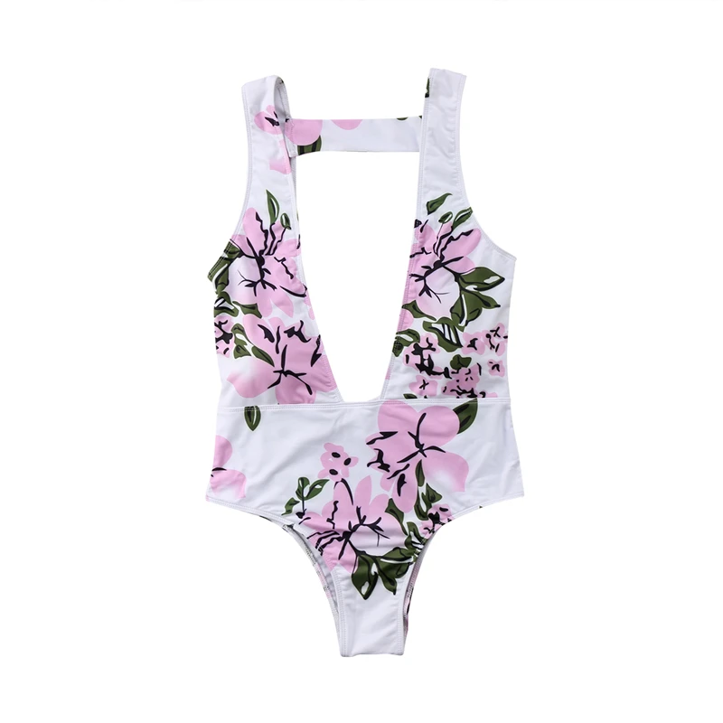 Women Sexy Beach Bodysuit Floral Print Beachwear Deep V Neck Ladies