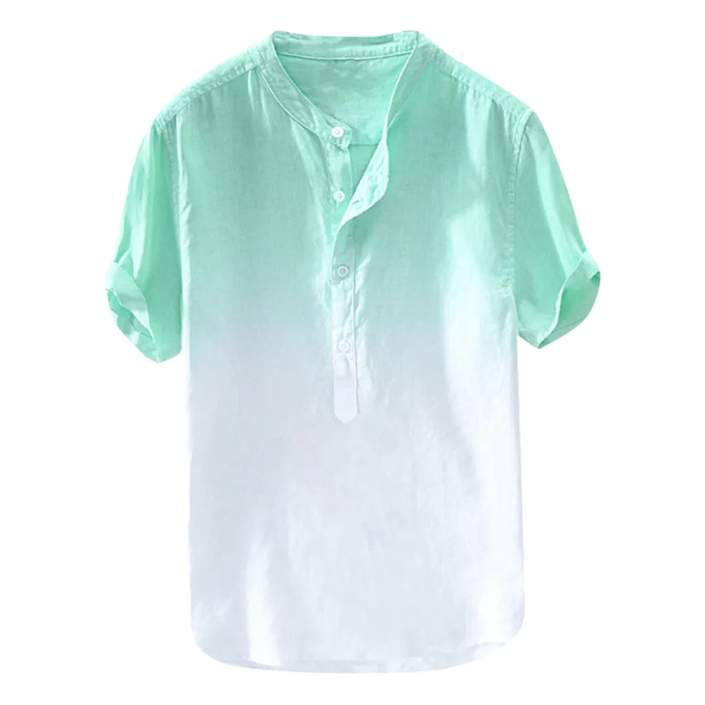 

Gradient Color Linen Cotton T-Shirt Men White Short Sleeve Button Neck Retro Shirts Summer Breathable Clothing Camisetas Hombre