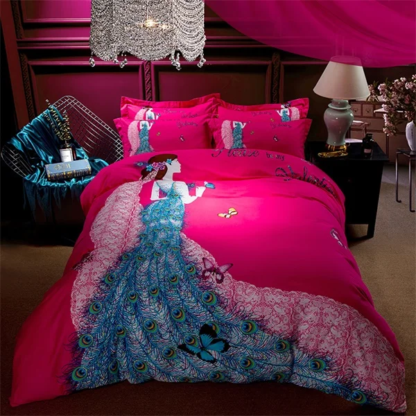 Красивый комплект постельного белья для девочек с изображением павлина, простыня пододеяльник, зимний хлопковый текстиль, комплекты для спальни в восточном стиле, 4 шт - Цвет: 4