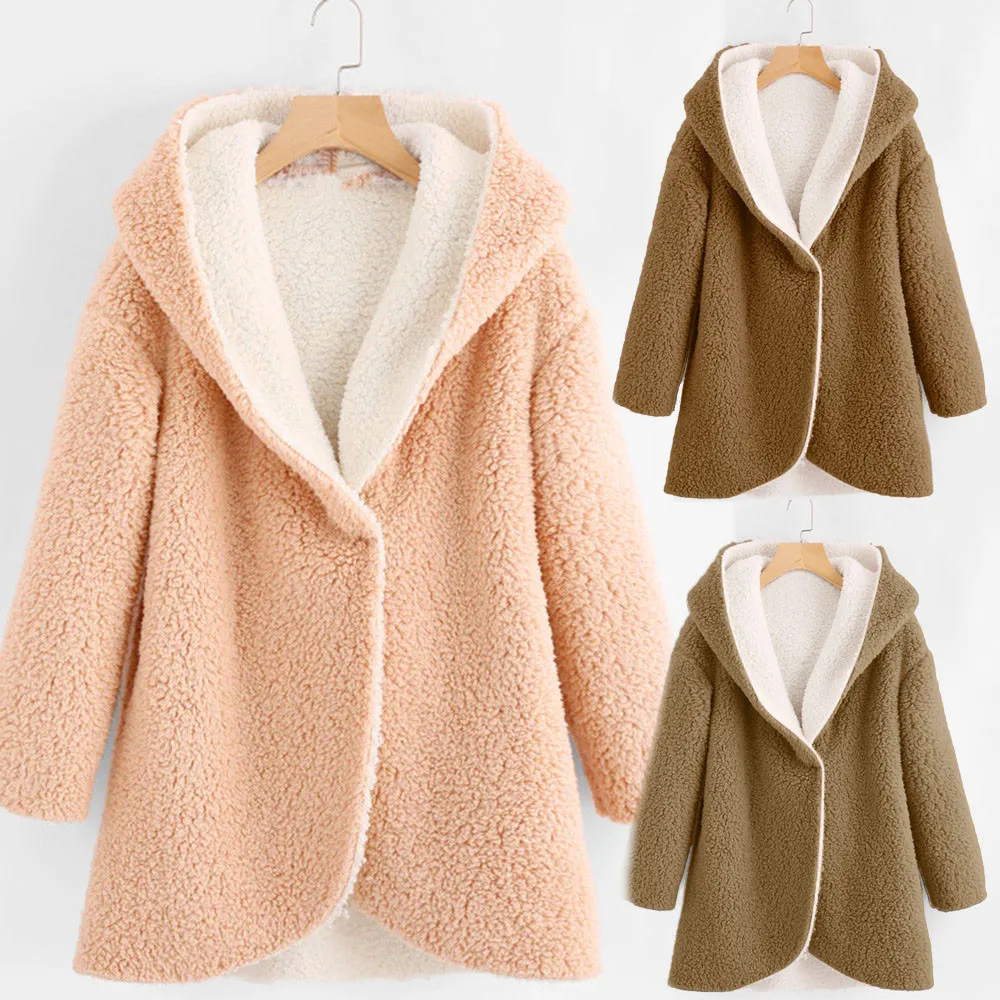

Women's Winter Curved Hem Longline Faux Fur Sherpa Fleece Hoodie Coat Polyester Solid Women Coat Harajuku #by