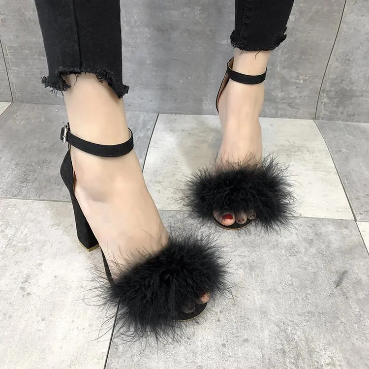 Ankle Strap Super high heels Faux Fluffy Rabbit Fur Women Sandals 10 CM High Heel Summer Lady Shoes Pumps Zapatos Mujer uik9