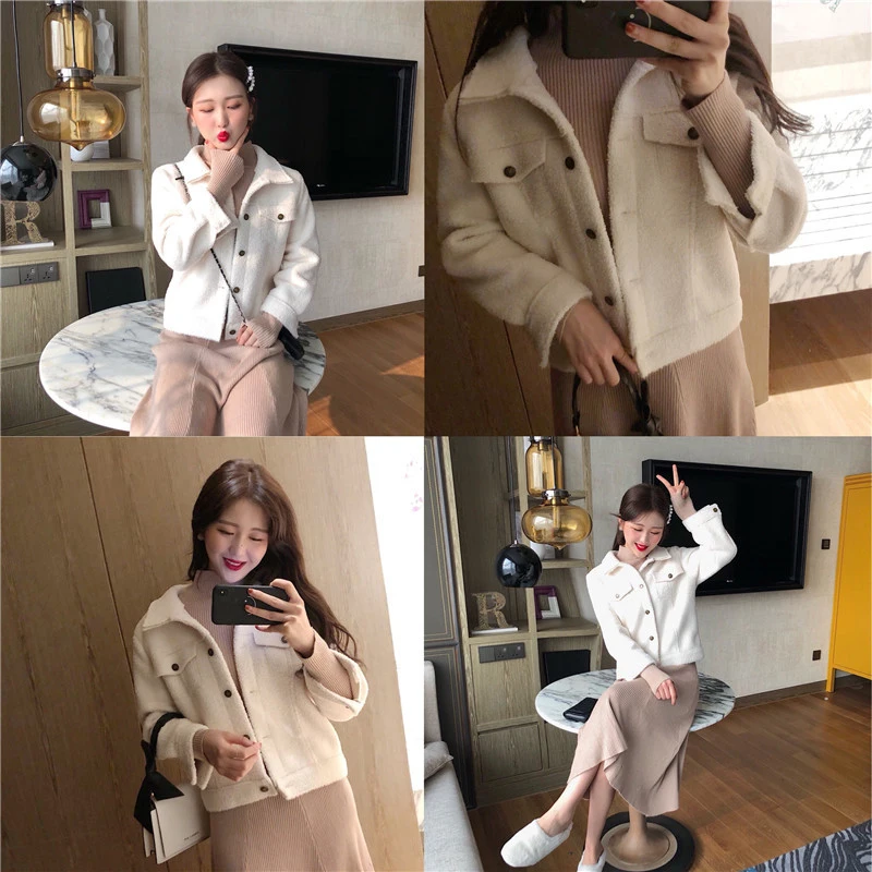 Pink Fur Coat Lamb Women Coat Streetwear Fleece Jacket  Fur Wool Short Jacket Womens Winter Coats Single-Breased Vintage Jacket