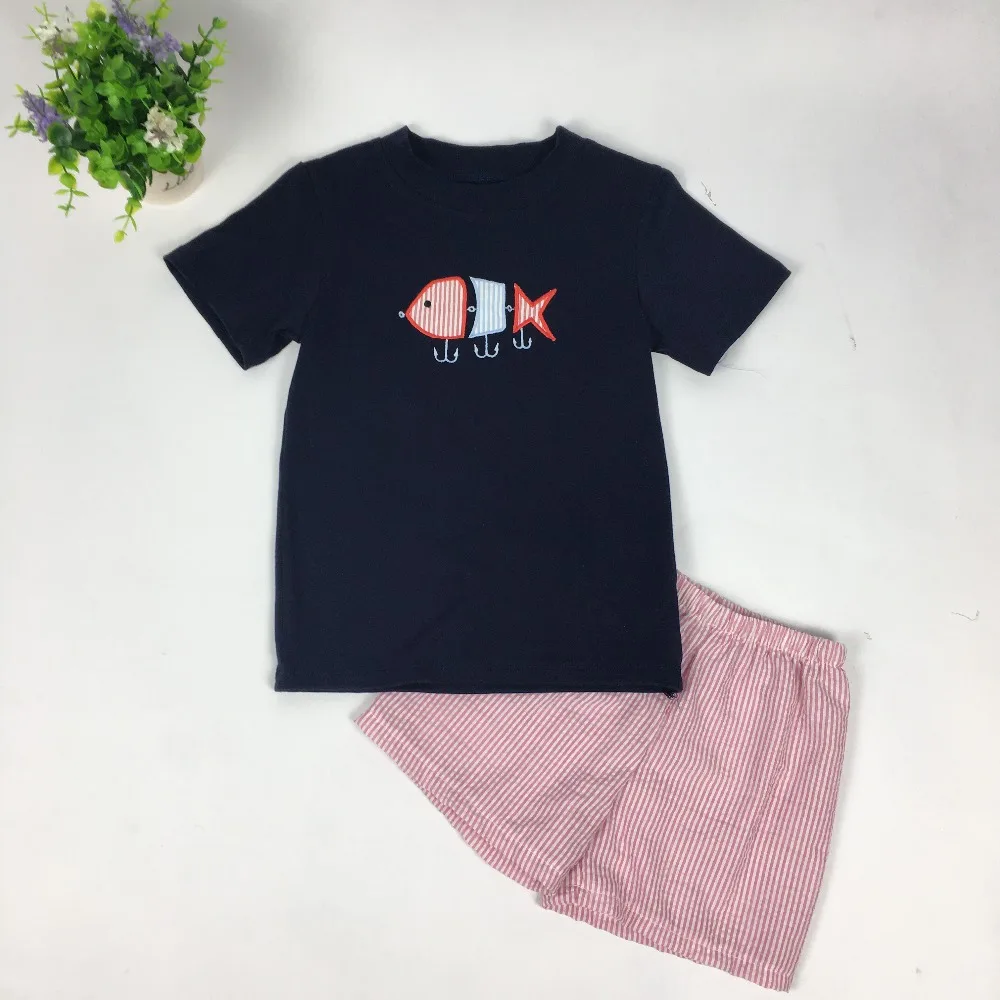 

Puresun Popular Boy Spring Summer Clothing Short Sleeve Navy Blue T-Shirt Boutique Children With Embroidery Boy Set