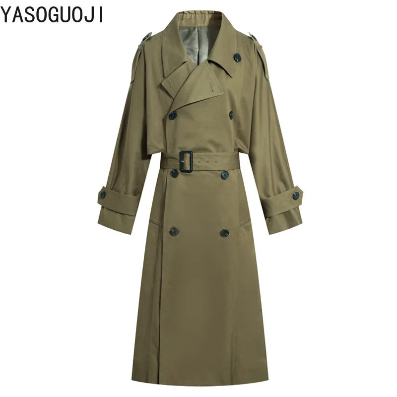 

YASUGUOJI Military Green 2019 Spring long Trench Coat Women fashion Double-breasted Adjustable Waist Belt Windbreaker Women L005