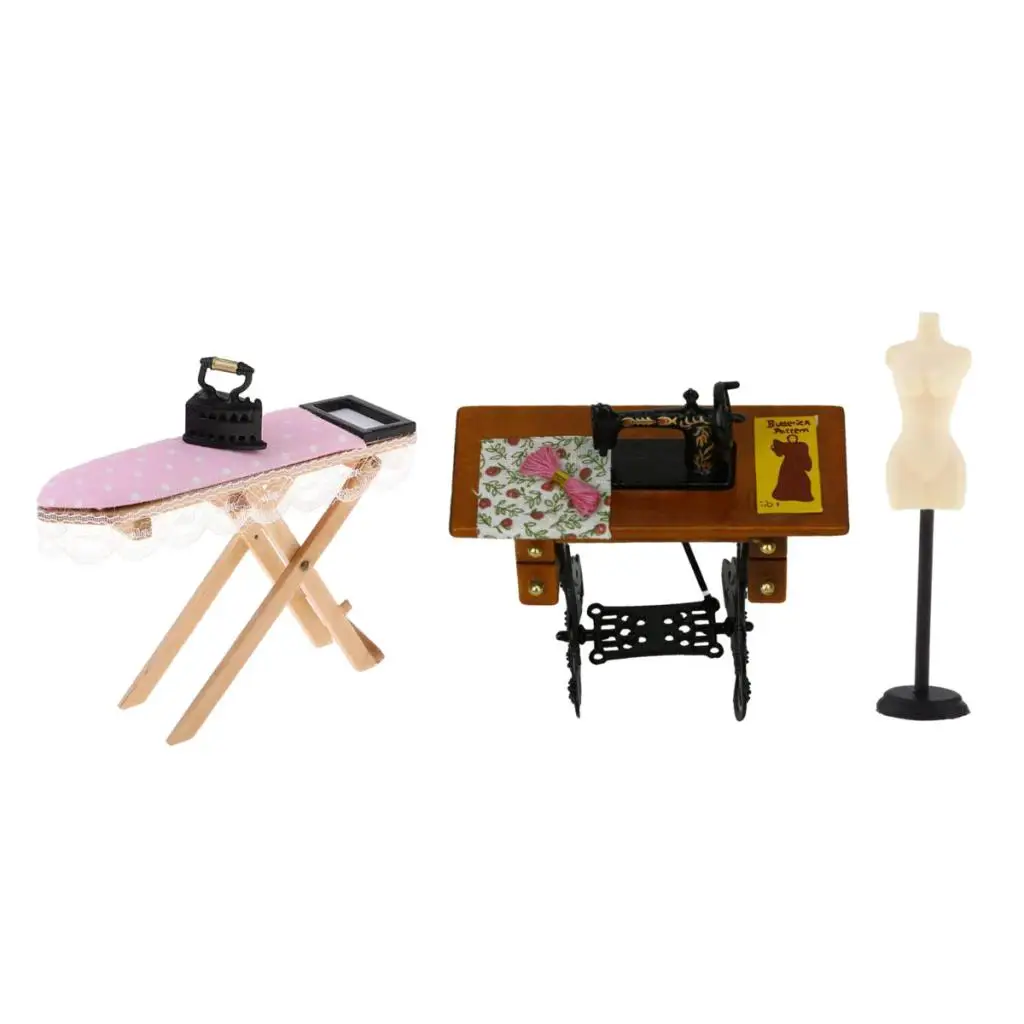 3pcs Dollhouse Miniature Ironing Board, Sewing Machine & Mannequin Model Stand Pretend Play Furniture Toys
