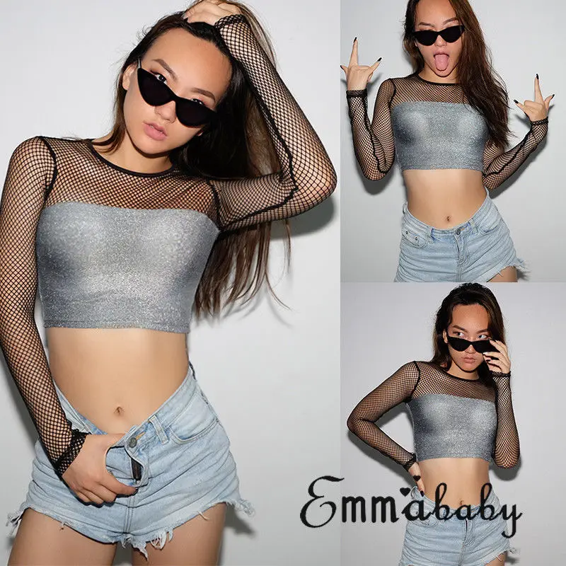Мода сачок с длинным рукавом Растениеводство Топ Для женщин Mesh Sheer See Through рыбий