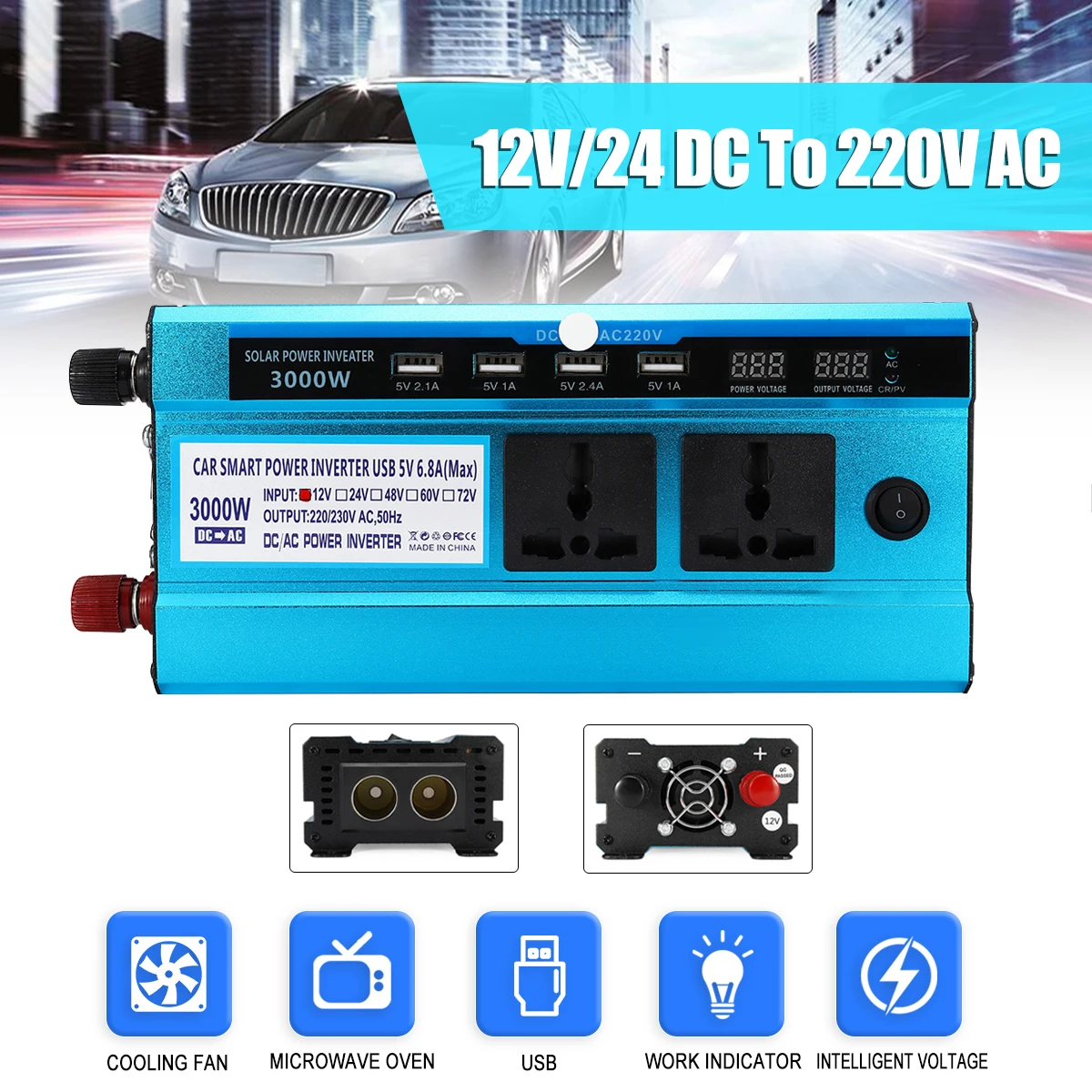 

Voltage Transformer Peak 3000W DC 12/ 24V to AC 220V Car LED Solar Power Inverter Sine Wave USB Converter Digital Display