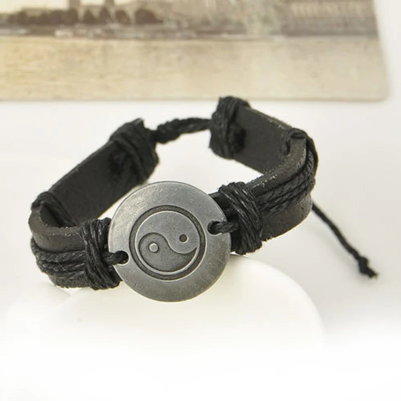 Charms Unisex Leather Bracelet Shellhard Punk Handmade Braided Wristband Yin Yang Bracelets & Bangles For Women Men Jewellery