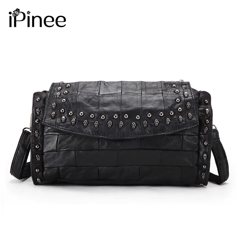iPinee Casual Women Purses And Handbags High Quality Sheepskin Genuine Leather Skull Bags With Chain Decoration