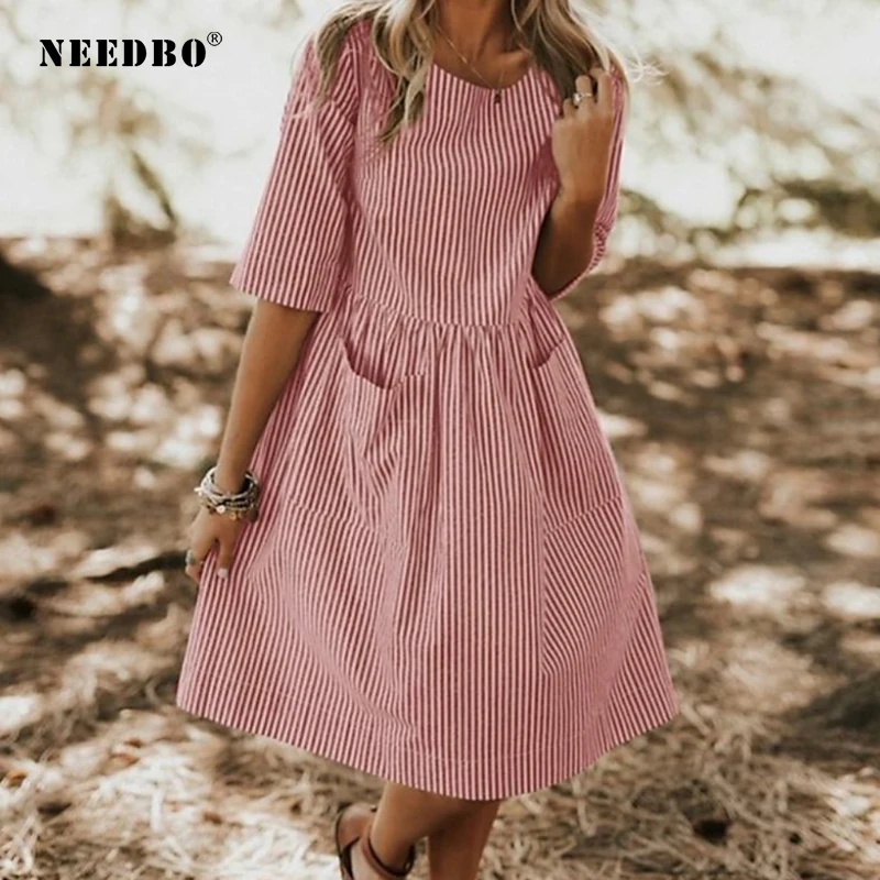 NEEDBO Summer Dresses Large Size Casual O Neck Half Sleeve Pocket Party Dress Work Stripe Ladies Women Elegant Vestidos | Женская одежда