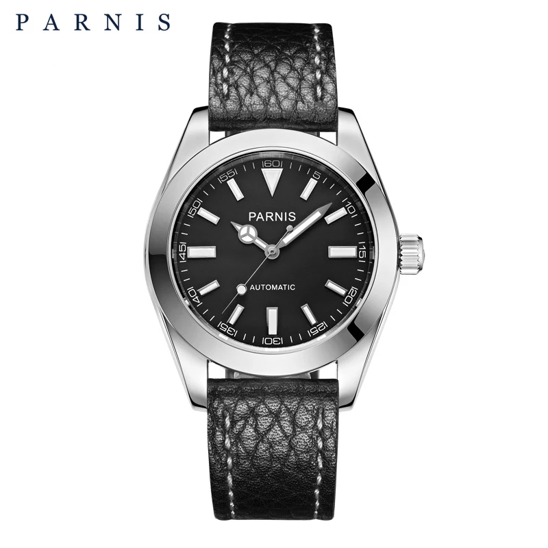 Parnis 40 мм для мужчин часы Механические сапфировое стекло черный кожаный ремешок Miyota 8215 с автоподзаводом Мужчин's часы мужские часы