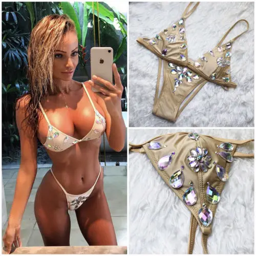 

Sexy Lady Crystal Bikini Set Push-Up Padded Bandage Swimwear Swimsuit Bathing Beachwear