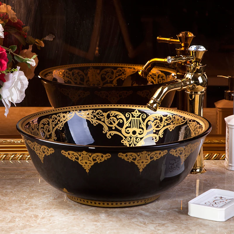 China Artistic Handmade Engraving Ceramic wash basin Lavobo Round Countertop carved wash basin bathroom sinks (11)