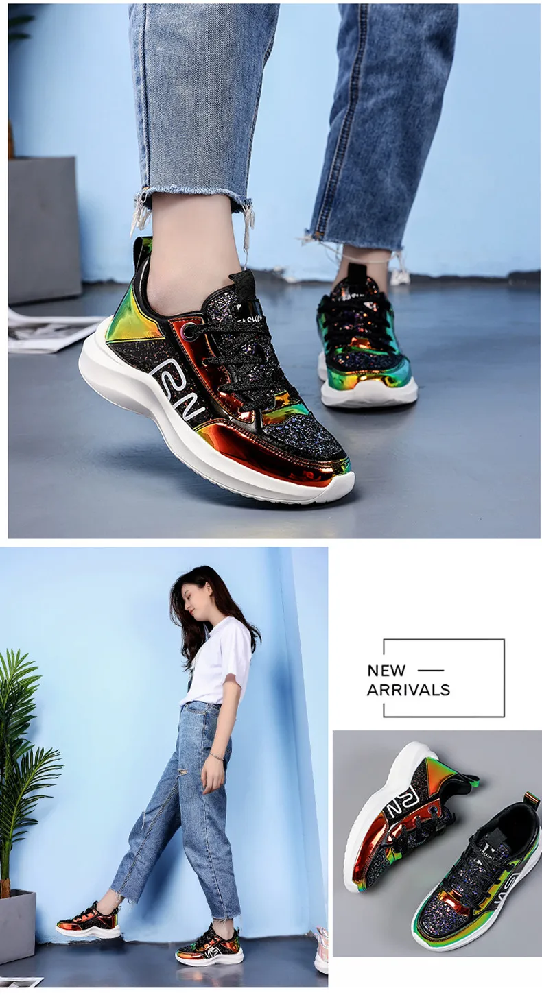 2019 Spring Sneakers Women Shiny Bling Lace-up Flats Shoes Women Basket Femme Trainers Shoes Chunky Sneakers creepers (13)