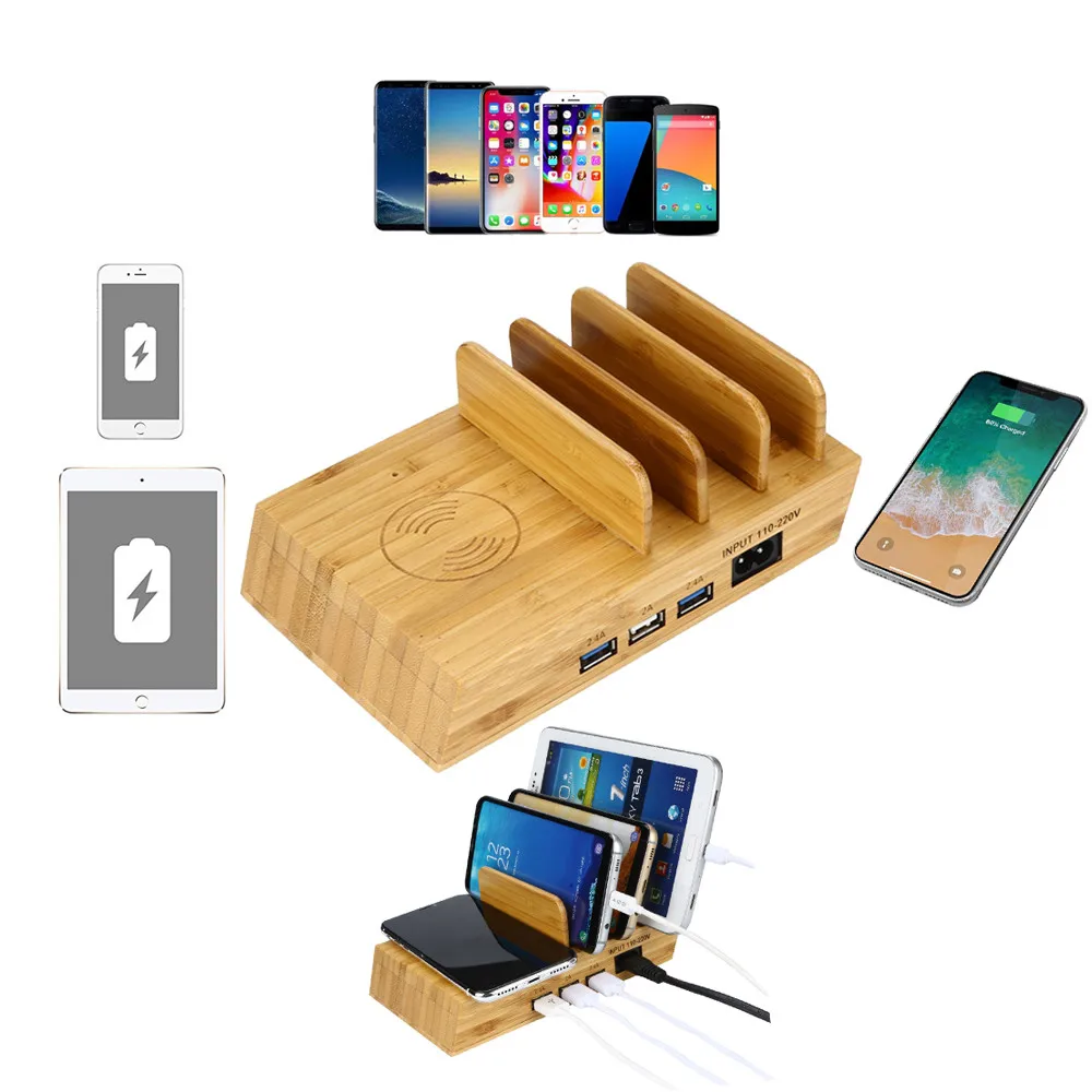 

Wireless Charger Wooden Design 3-Portc Charger 2.4A Wireless Charging Station Desktop For iPhone Fast Charger Quick Charge Phone