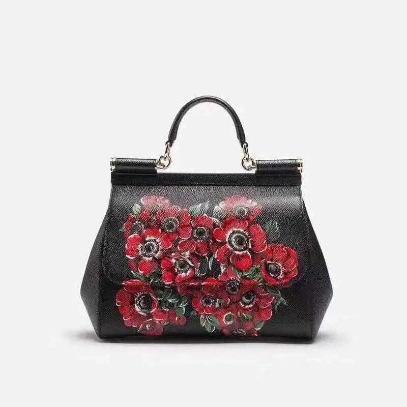 

Quality Guaranteed~Fashion Red Flower Pattern Women Genuine Leather Handbag\Bag Designer Ladies' Black and Red Tote Shoulder Bag