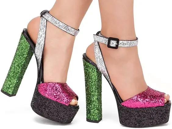 2017 newest bling bling glitter ankle strap woman sandal sexy open toe thick heels platform sandal mixed colors high heel sandal