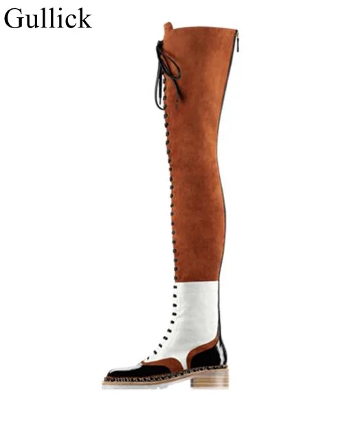 Gullick Gold Chain Flats Over The Knee Boots Round Toe Lace-up Tight High Boot Women Sexy Ridding Boots Winter Motorcycle Boots Women's Shoes