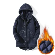 Джинсовая куртка, зимняя модная куртка-парка, Мужская Толстая теплая куртка на молнии, длинная приталенная Повседневная однотонная куртка с капюшоном, большой размер 5XL