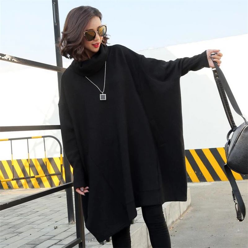

2019 New Women Autumn Winter Turtleneck Knitted Cotton Dress Long Sleeve Irregular Sweater Dresses Loose Dress Oversized style