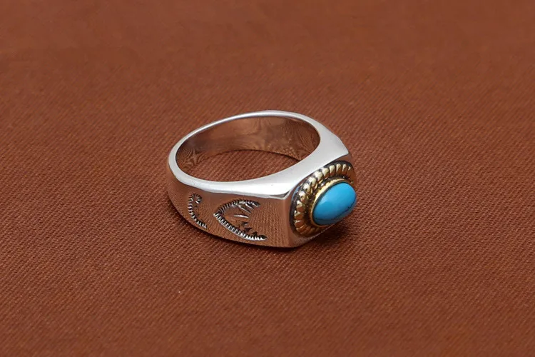 Real Pure 925 Sterling Silver Ring Men Blue Natural Stone Vintage Indian Style Cool Thick Band Mens Jewelry Free Box, 15g