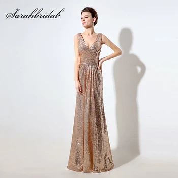 

Cheap Rose Gold Sequin Bridesmaid Dresses Long 2019 Deep V-Neck Sparkly Gala Dress V Back Wedding Guest Gowns for Women SD326