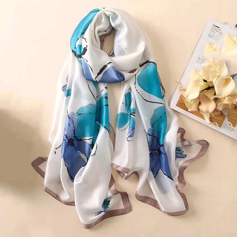 Новая мода ИМИТИРОВАННАЯ шелковая ткань женские шали принтованные шарфы для дам шаль саксе синий/белый