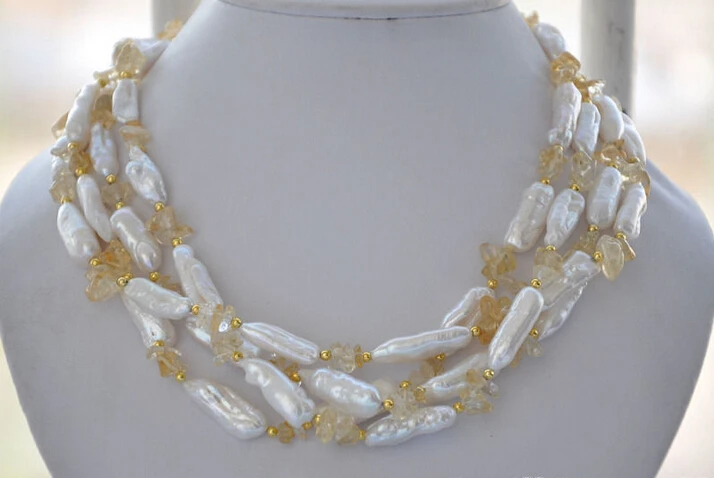 

FREE shipping>>>>Z5968 4strands 23mm white biwa freshwater pearl yellow crystal necklace 19inch new