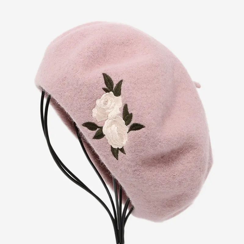 

Lovely Pink Wool Beret Caps Women Winter Female Bonnet caps Lady Painter Flower All Matched Vintage Warm Artist Hat