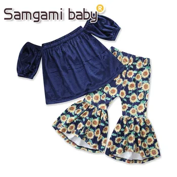 

SAMGAMI BABY Velvet Dark Blue Tops Sunflower Print Flared Pants Trousers 2pcs Girls Clothing Set Toddler Girl Clothes Kids Suit