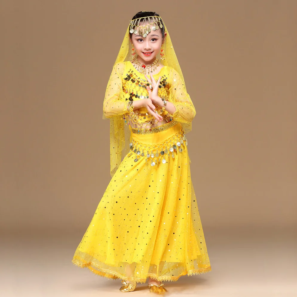 Details about / Kids Belly Dance Costumes Set Chiffon Fabric Coins Tassel Design Top Skirts Veil