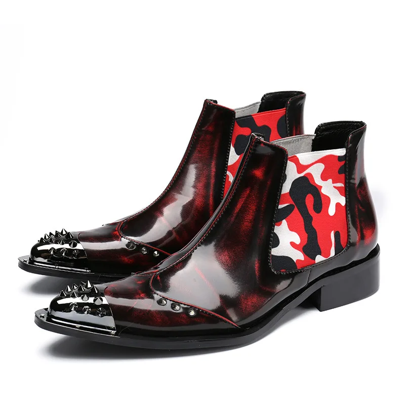

New Vintage Pointed-toe Boots Spring Autumn Low-top Ankle Boots Red Fashion Men's Stage Show Shoes