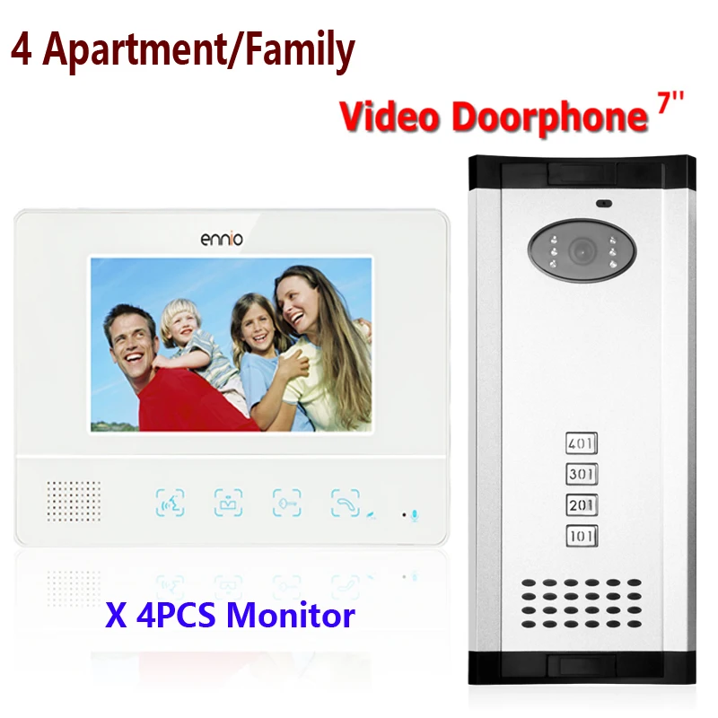 FREE SHIPPING ENNIO 4 Apartment/Family Video Door Phone Intercom System 1 Doorbell Camera with 4 button 4 Monitor Waterproof