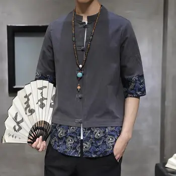 

Men Shirt Long Sleeve Chinese Style Stand Collar Fashion Man Shirts Clothes 2019 New Patchwork Shirts