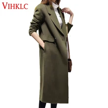 Новая Мода женские весенне-осенняя куртка длинное женское пальто свободный костюм воротник Длинная Стильная однотонная шерстяное пальто Женская куртка D234