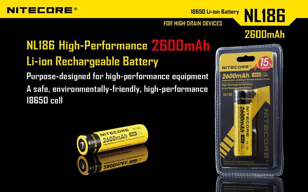 1 NEW NITECORE 2600mAh RECHARGEABLE BATTERIES NL186 18650 3.7v 9.6Wh HIGH POWER 
