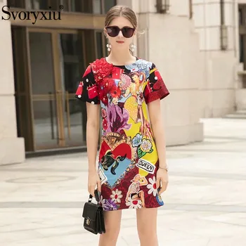 

Svoryxiu Summer Runway Dresses Women's Fashion Applique Beading Exquisite Printing Party Mini Dress Vestido