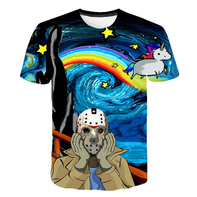 

2019 New Oil Painting Landscape Printing 3D Animation Leisure T-shirt with Round Neck and Short Sleeve BZPOVB
