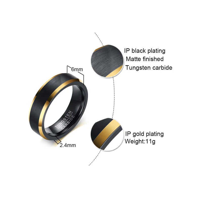 Vnox Gold Accent Tungsten Carbide Men's Wedding Band with Black Matte Finish