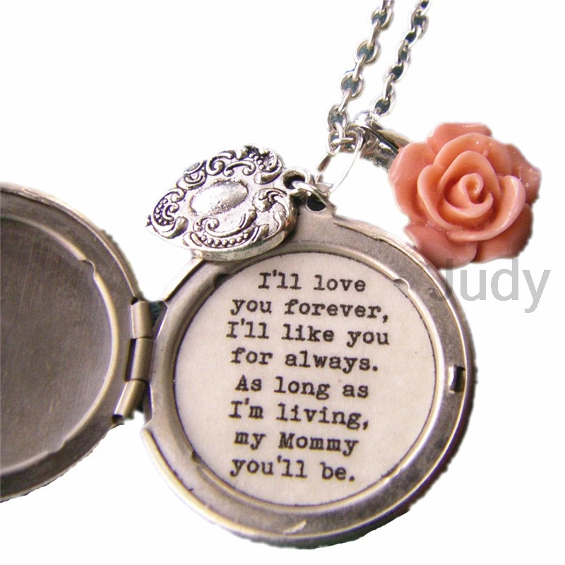 

12pcs/lot I'll Love You Forever Mommy Locket Vintage Silver Necklace Heart Pink Rose Mother's Day Gift Bride