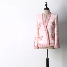 Новая женская модная элегантная Тяжелая твидовая куртка с v-образным вырезом и цепочками, с кисточками, карманами, Офисная Женская офисная верхняя одежда розового цвета JC2607