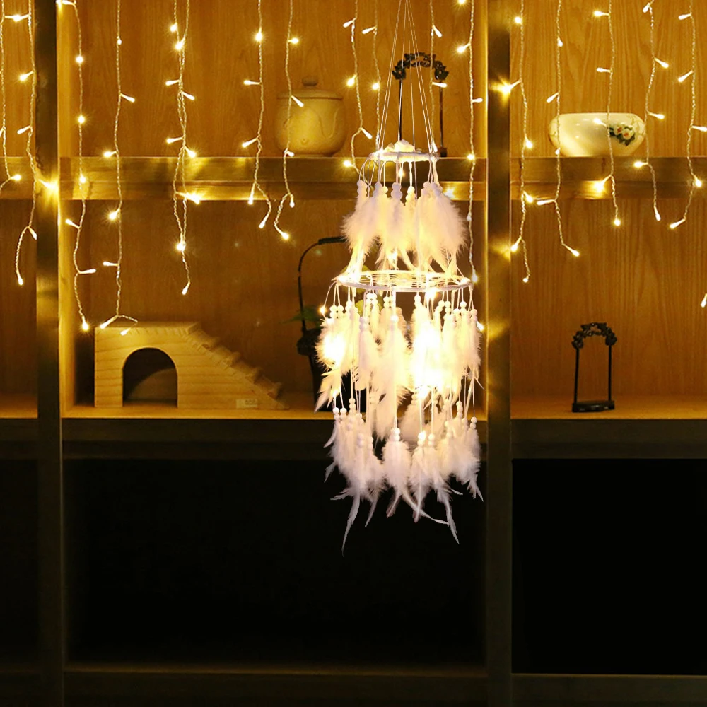 Большой светодиодный светильник Ловец снов DIY свадебное украшение двойной круг белое перо Настенное подвесное украшение для девочек Подарки для спальни