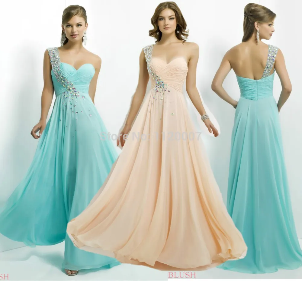 Vintage A-line One Shoulder Pleated Corset Chiffon Long Peach Bridesmaid Dresses 2014 Crystals New Arrival | Свадьбы и торжества