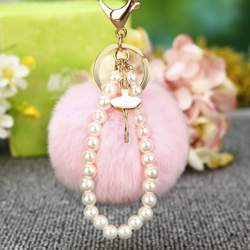 

Fluffy 14Color 8CM Rabbit Fur Pompom Keychain Pearl Car/Bag Charm Key Chain Ballet Girl Fur Pompons Keychain Pompoms Porte Clef