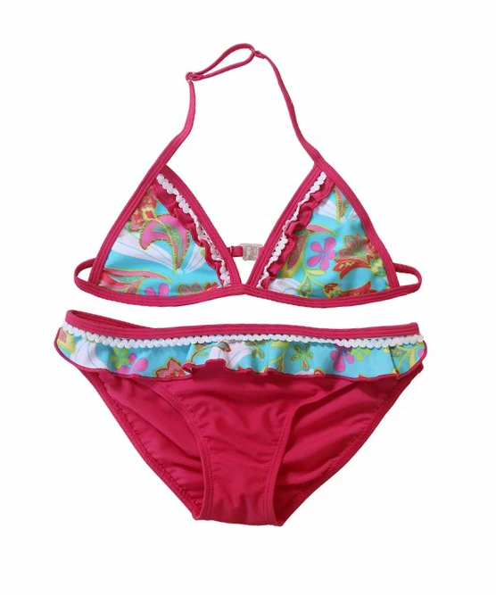 

Baby Girls Two Pieces Swimwear Kids Bikini Set with Pink Shoulder Strap and Flowers Print Children Bathing suit