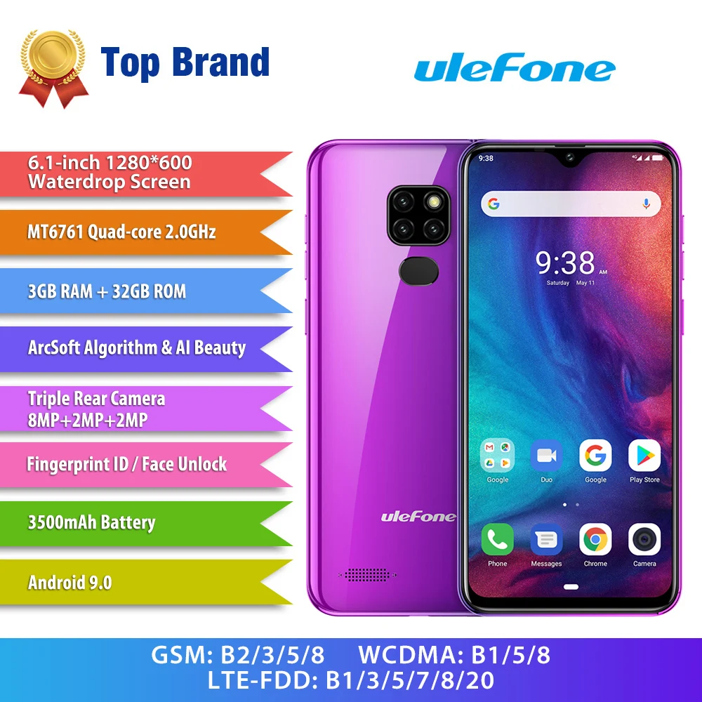  Ulefone Note 7P Smartphone Android 9.0 Quad Core 3500mAh 6.1 inch Triple Camera 3GB+32GB 4G Cell Ph