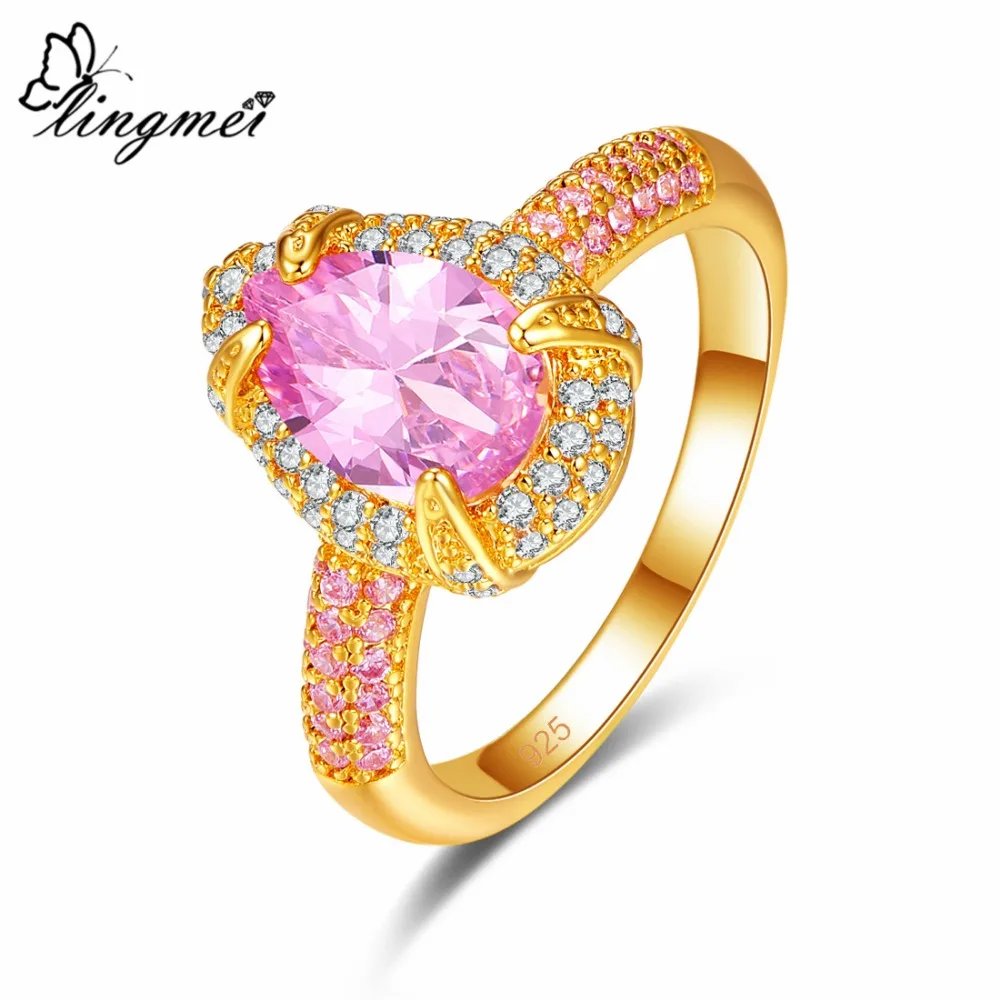 

lingmei Gorgeous Dazzling 925 Silver Jewelry Pear Cut Yellow & White & Pink Zircon Yellow Gold Color Ring Size 6 7 8 9 Gifts
